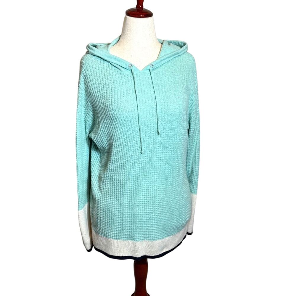T by Talbots hoodie mint green white navy waffle weave tunic top lambswool Sz L